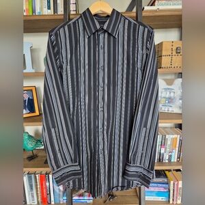 INC International Concepts Black and Blue Striped Dress Shirt, Size Medium